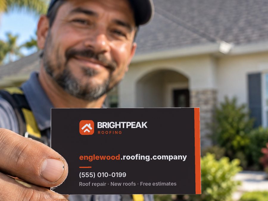 englewood.roofing.company on a roofer's business card