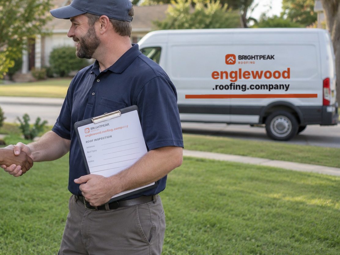 englewood.roofing.company on a roofing van and an inspection form